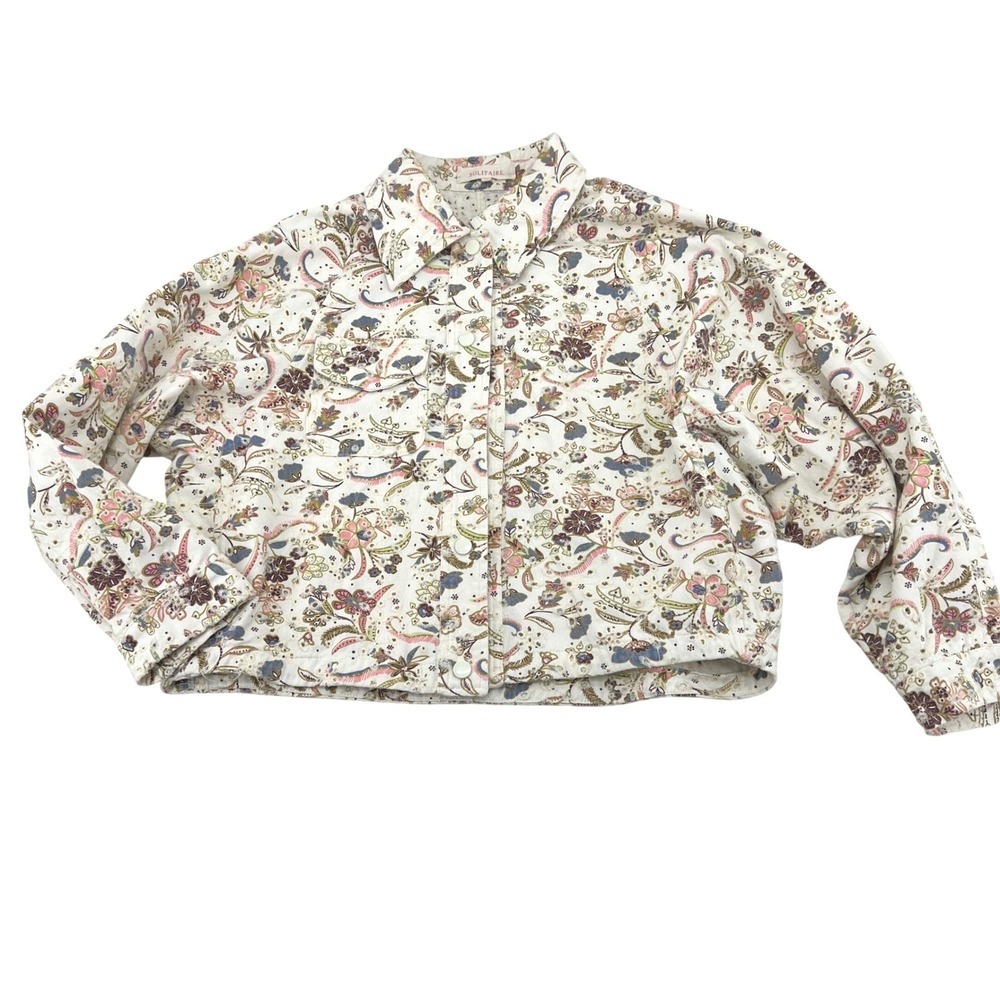 SOLITAIRE Floral Embroidered Cropped Jacket Women's Size L White Pink Blue‎